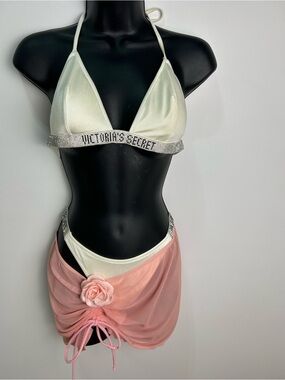 Victoria's Secret Ivory Rhinestone Bikini Set with Pink Mesh Skirt